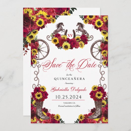 Rode rozen zonnebloemen redden de datum quinceañer kaart (Voorkant / Achterkant)