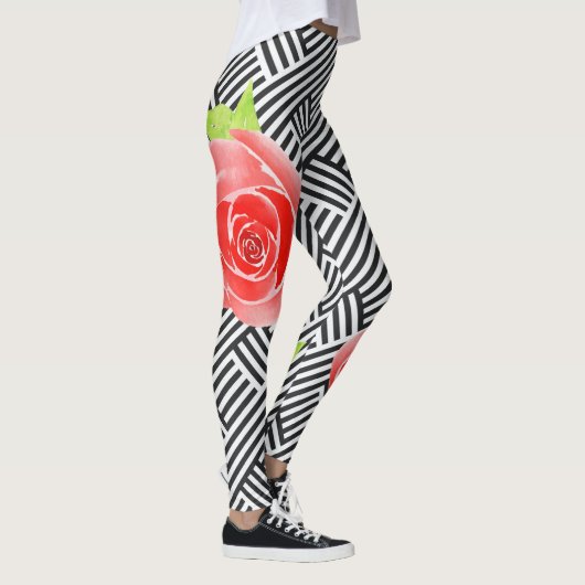 Rode Rozen Zwart en Witte Strepen Leggings (Rechts)