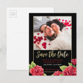 Rode Rozen Zwart & Goud Glitter Save the Date Foto Aankondigingskaart (Voorkant / Achterkant)