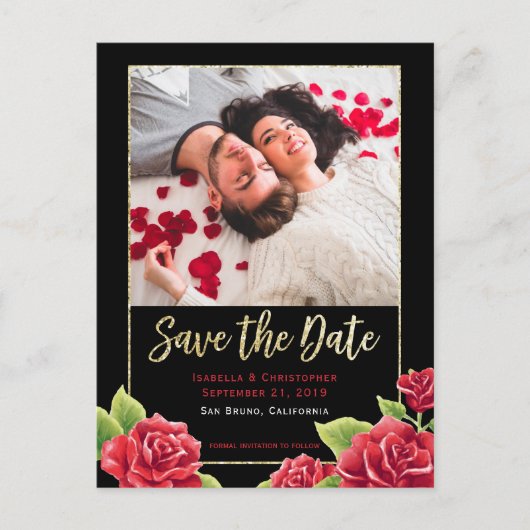 Rode Rozen Zwart & Goud Glitter Save the Date Foto Aankondigingskaart (Voorkant)