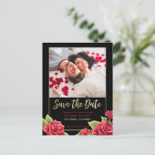 Rode Rozen Zwart & Goud Glitter Save the Date Foto Aankondigingskaart (Staand voorkant)