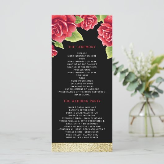 Rode Rozen Zwart & Goud Glitter Trouwprogramma Programmakaart (Staand voorkant)