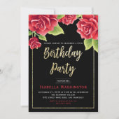 Rode Rozen Zwart & Goud Glitter Verjaardagsfeest Kaart (Voorkant)