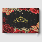 Rode rozen zwart goud kanten vlinder quinceañera gastenboek (Achterkant)