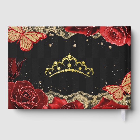 Rode rozen zwart goud kanten vlinder quinceañera gastenboek (Achterkant)