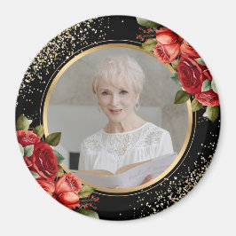 Rode Rozen Zwart Gouden Bloemenfoto Magneet