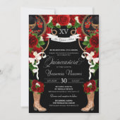 Rode rozen & zwart Mariachi Vaquera Quinceanera Kaart (Voorkant)