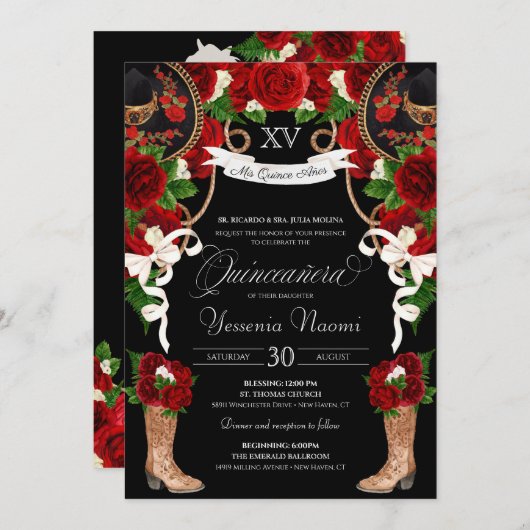 Rode rozen & zwart Mariachi Vaquera Quinceanera Kaart (Voorkant / Achterkant)