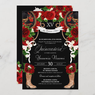 Rode rozen & zwart Mariachi Vaquera Quinceanera Kaart
