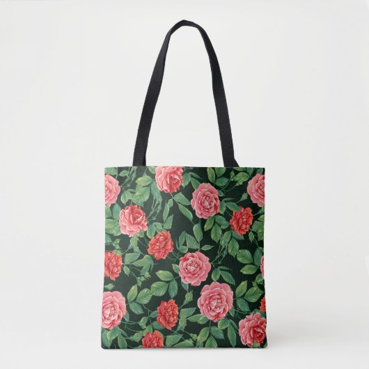 Rode rozen zwart patroon tote bag (Voorkant)