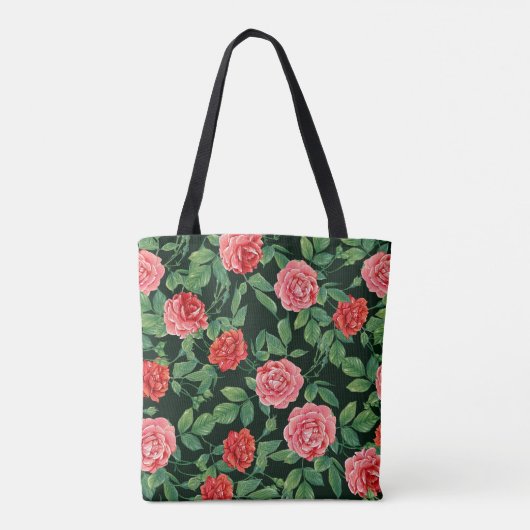 Rode rozen  zwart patroon tote bag (Achterkant)