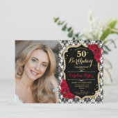 Rode Rozen Zwart Wit Damask Foto 50ste verjaardag Kaart (Staand voorkant)