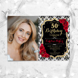 Rode Rozen Zwart Wit Damask Foto 50ste verjaardag Kaart<br><div class="desc">Elegante bloemenvrouwelijke 50e verjaardagsuitnodiging met uw foto. Glam zwart wit rood design met faux glitter goud. Beschikt over zwart-wit damast patroon, rode rozen, script lettertype en confetti. Perfect voor een stijlvol volwassen feestje. Personaliseer met je eigen gegevens. Kan voor om het even welke leeftijd worden aangepast! Gedrukte Zazzle-uitnodigingen of direct...</div>