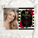 Rode Rozen Zwart Wit Strepen Foto 50e Verjaardag Kaart<br><div class="desc">Elegante bloemenvrouwelijke 50e verjaardagsuitnodiging met uw foto. Glam zwart wit rood design met faux glitter goud. Beschikt over zwart-witte strepen, rode rozen, script lettertype en confetti. Perfect voor een stijlvol volwassen feestje. Personaliseer met je eigen gegevens. Kan voor om het even welke leeftijd worden aangepast! Gedrukte Zazzle-uitnodigingen of direct download...</div>