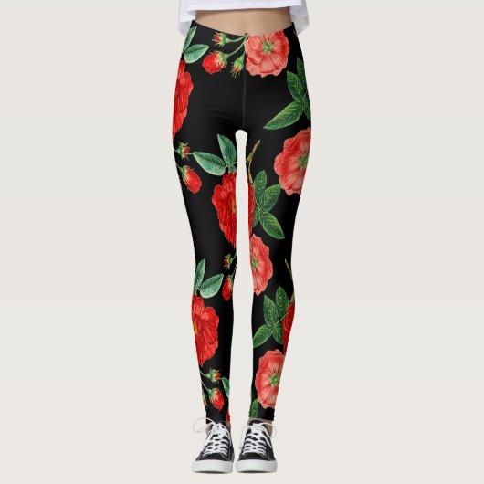 Rode rozen, zwarte achtergrond, leggings (Voorkant)