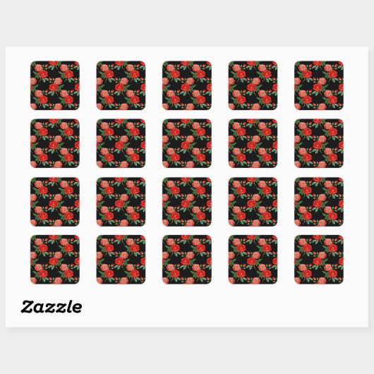 Rode Rozen, Zwarte Achtergrond, Vierkante Sticker (Vel)