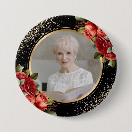 Rode Rozen Zwarte Goud Foto Ronde Button 7,6 Cm