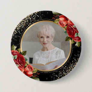 Rode Rozen Zwarte Goud Foto Ronde Button 7,6 Cm