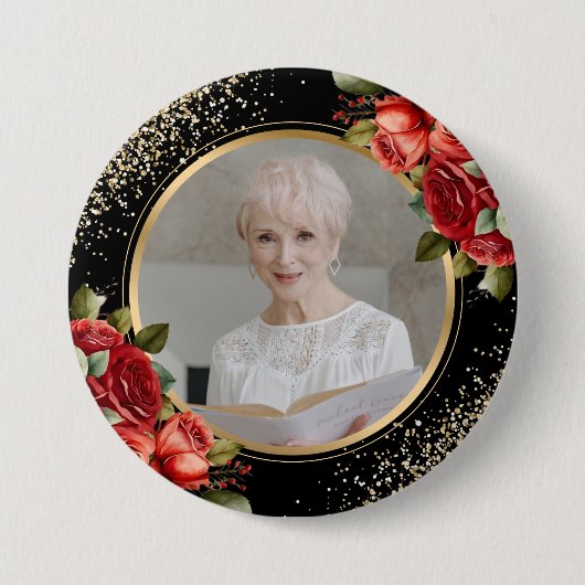 Rode Rozen Zwarte Goud Foto Ronde Button 7,6 Cm (Voorkant)
