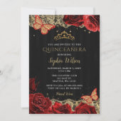  rode rozen Zwarte Goud Lace Quinceañera Kaart (Voorkant)