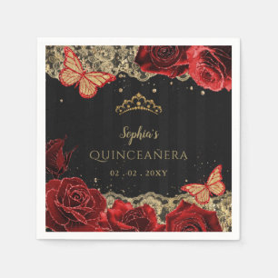 rode rozen Zwarte Goud Lace Quinceañera Servet