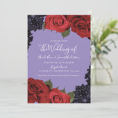 Rode Rozen & Zwarte Kant Paarse Chic Bruiloft    Kaart (Staand voorkant)