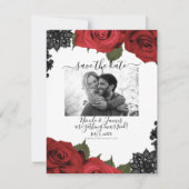 Rode Rozen Zwarte Kant Witte Bruiloft Save the Dat Kaart (Voorkant)