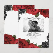 Rode Rozen Zwarte Kant Witte Bruiloft Save the Dat Kaart (Voorkant / Achterkant)