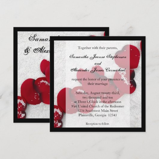 Rode rozenblaadjes in de sneeuw, de uitnodiging va (Voorkant / Achterkant)