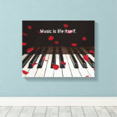 Rode rozenblaadjes op piano met citaat canvas afdruk (Insitu (Houten vloer))