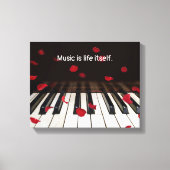 Rode rozenblaadjes op piano met citaat canvas afdruk (Voorkant)