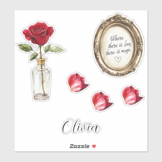 Rode rozenblaadjes vaas sticker (Vel)