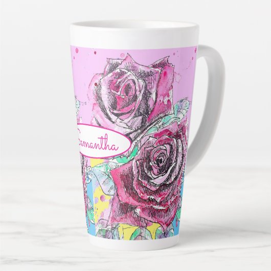 Rode Rozenbloem Aquarel Kleurrijke Roze Kunst Latte Mok (Rechterhoek)