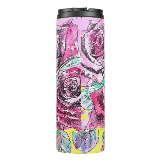 Rode Rozenbloem Aquarel Kleurrijke Roze Kunst Thermosbeker (Achterkant)