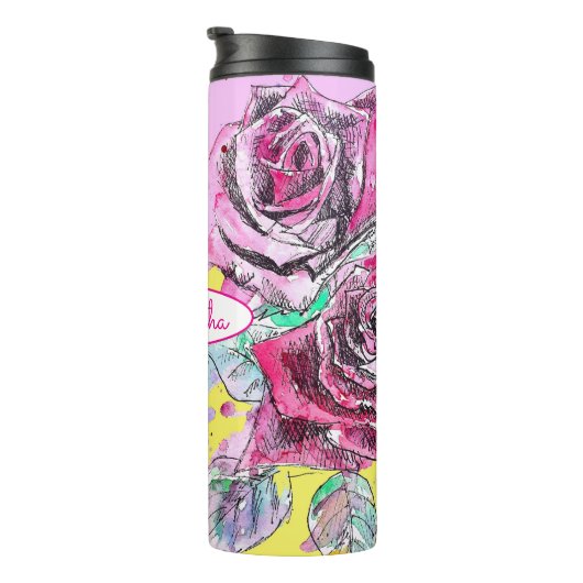 Rode Rozenbloem Aquarel Kleurrijke Roze Kunst Thermosbeker (Geroteerd rechts)