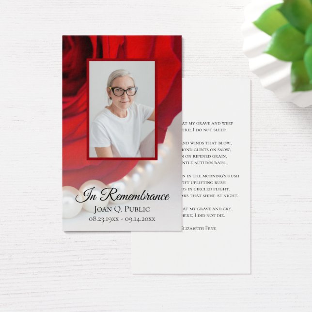 Rode rozenbloem en parels begrafenisgebed visitekaartje (Bureau)