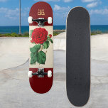 rode rozenbloem illustratie monogram persoonlijk skateboard<br><div class="desc">Dit stijlvolle skateboard heeft een  afbeelding van een mooie rode rozenbloei. De achtergrond is een bordeauxrode kleur. Personaliseer met uw initiaal als een monogram,  weergegeven in een  retro lettertype. Afbeelding van de Biodiversity Heritage Library www.biodiversitylibrary.org</div>