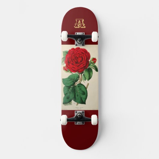  rode rozenbloem illustratie monogram persoonlijk skateboard (Voorkant)