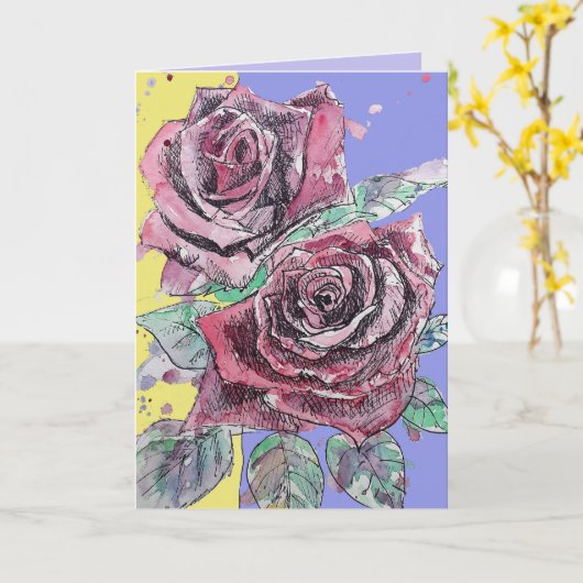 Rode rozenbloem Waterverf Bloembloem Kaart (Gele Bloem)