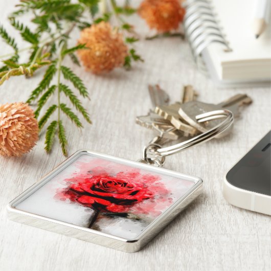 Rode rozenbloem waterverf - wb sleutelhanger (Zijkant)