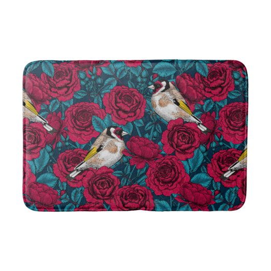 Rode rozenbloemen en goudvinkvogels badmat (Voorkant)