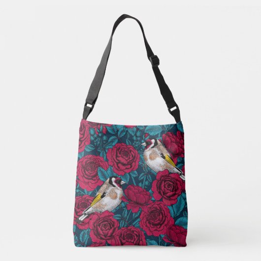 Rode rozenbloemen en goudvinkvogels crossbody tas (Achterkant)