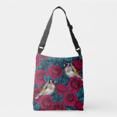 Rode rozenbloemen en goudvinkvogels crossbody tas (Voorkant)