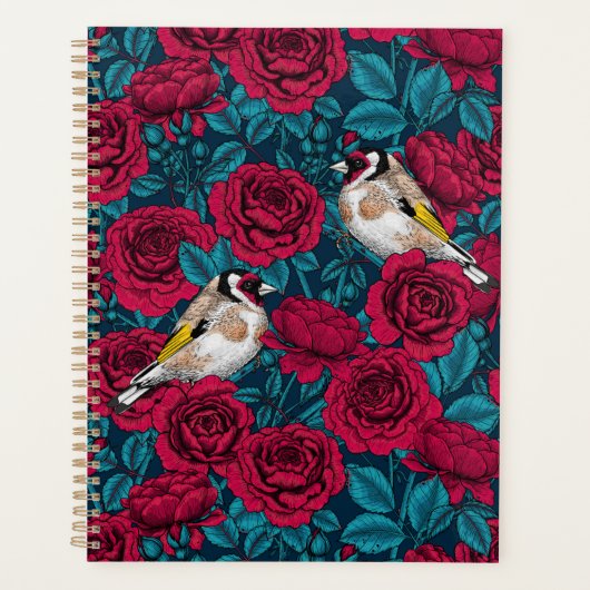 Rode rozenbloemen en goudvinkvogels planner (Voorkant)