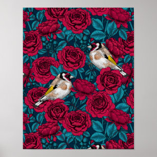 Rode rozenbloemen en goudvinkvogels poster