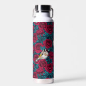 Rode rozenbloemen en goudvinkvogels waterfles (Voorkant)
