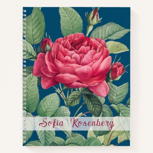 Rode rozenbloemen met groen blad Monogram Notitieboek (Voorkant)