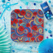 Rode rozenbloemen op houten speellade - Elegante v Papieren Bordje (Feest)