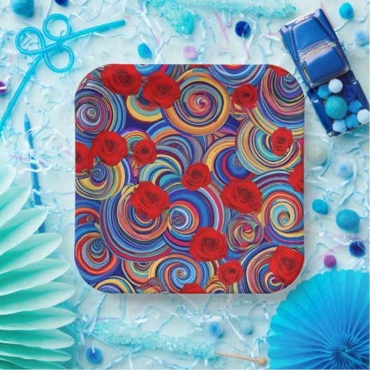 Rode rozenbloemen op houten speellade - Elegante v Papieren Bordje (Feest)