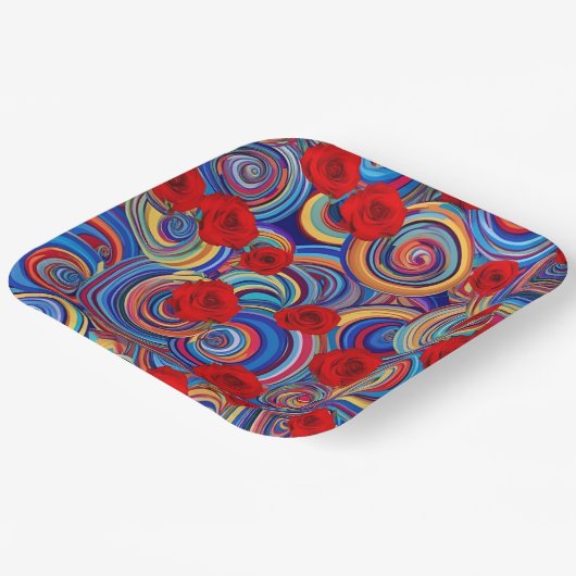 Rode rozenbloemen op houten speellade - Elegante v Papieren Bordje (Gebogen)